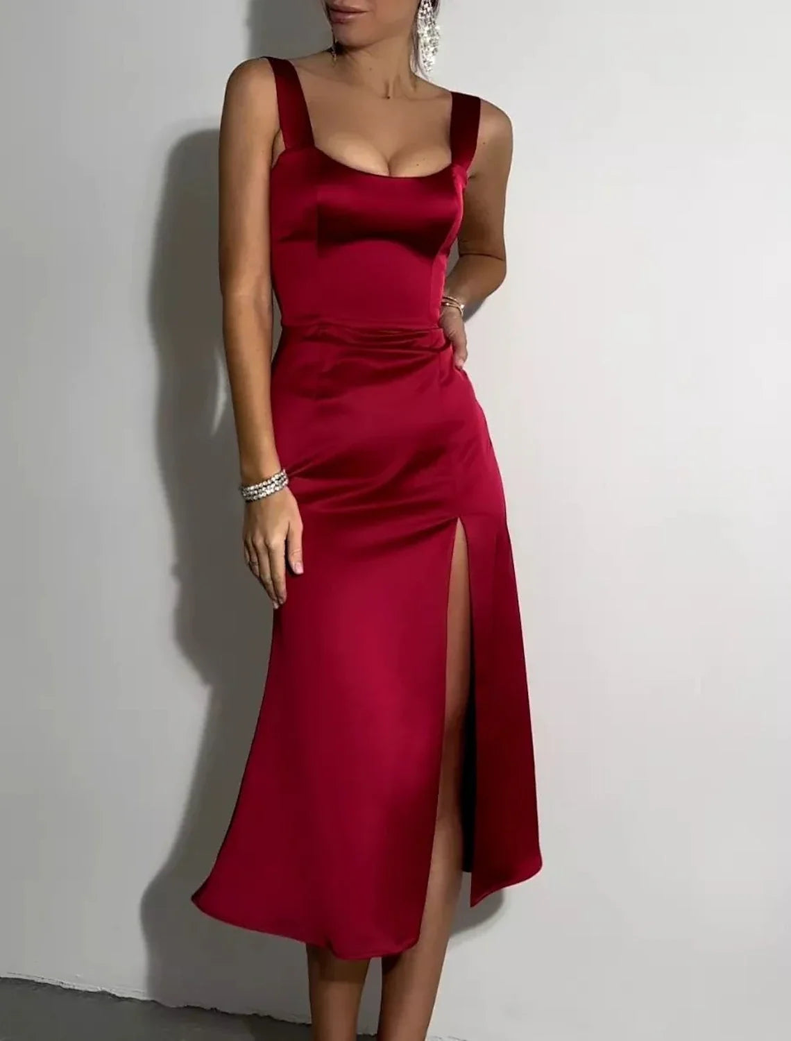 Sheath / Column Cocktail Dresses Elegant Dress Wedding Guest Cocktail Party Tea Length Short Sleeve Scoop Neck Satin with Draping Slit