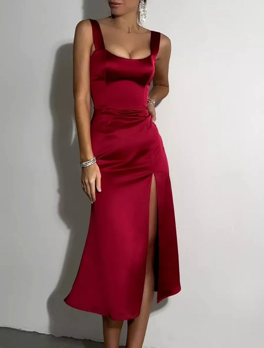 Sheath / Column Cocktail Dresses Elegant Dress Wedding Guest Cocktail Party Tea Length Short Sleeve Scoop Neck Satin with Draping Slit