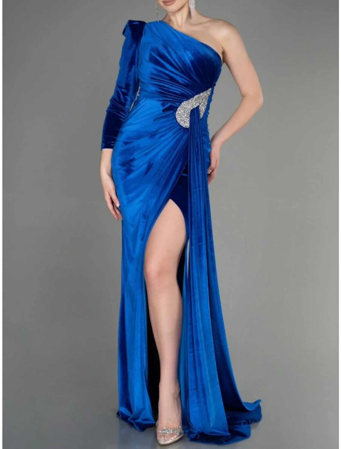 A-Line Evening Gown Christmas Elegant Dress Formal Sweep / Brush Train Long Sleeve One Shoulder Velvet with Glitter Pleats Ruched 2026