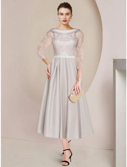 Sheath / Column Mother of the Bride Dress Wedding Guest Minimalist Elegant Scoop Neck Tea Length Satin Lace Half Sleeve with Ruching