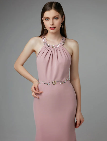 Sheath / Column Beautiful Back Dress Wedding Guest Prom Floor Length Sleeveless Halter Neck Spandex Crisscross Back with Beading