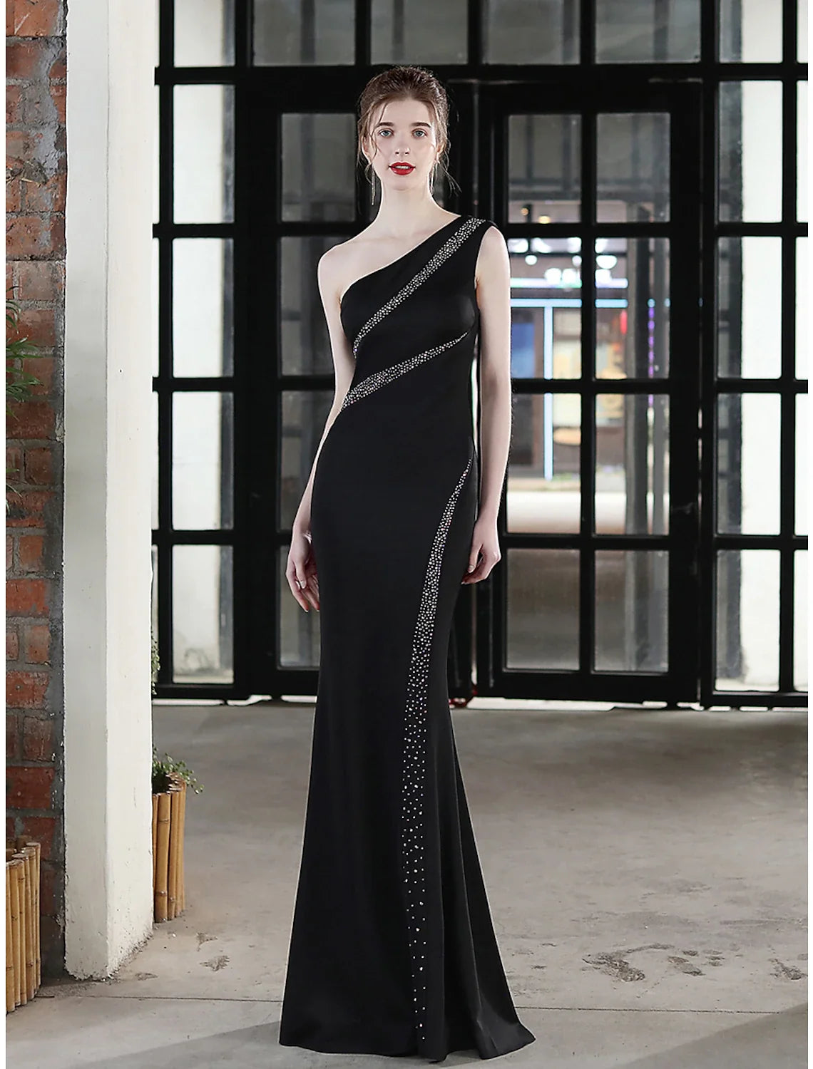 Mermaid / Trumpet Evening Gown Sexy Dress Wedding Guest Formal Evening Floor Length Sleeveless One Shoulder Satin with Crystals