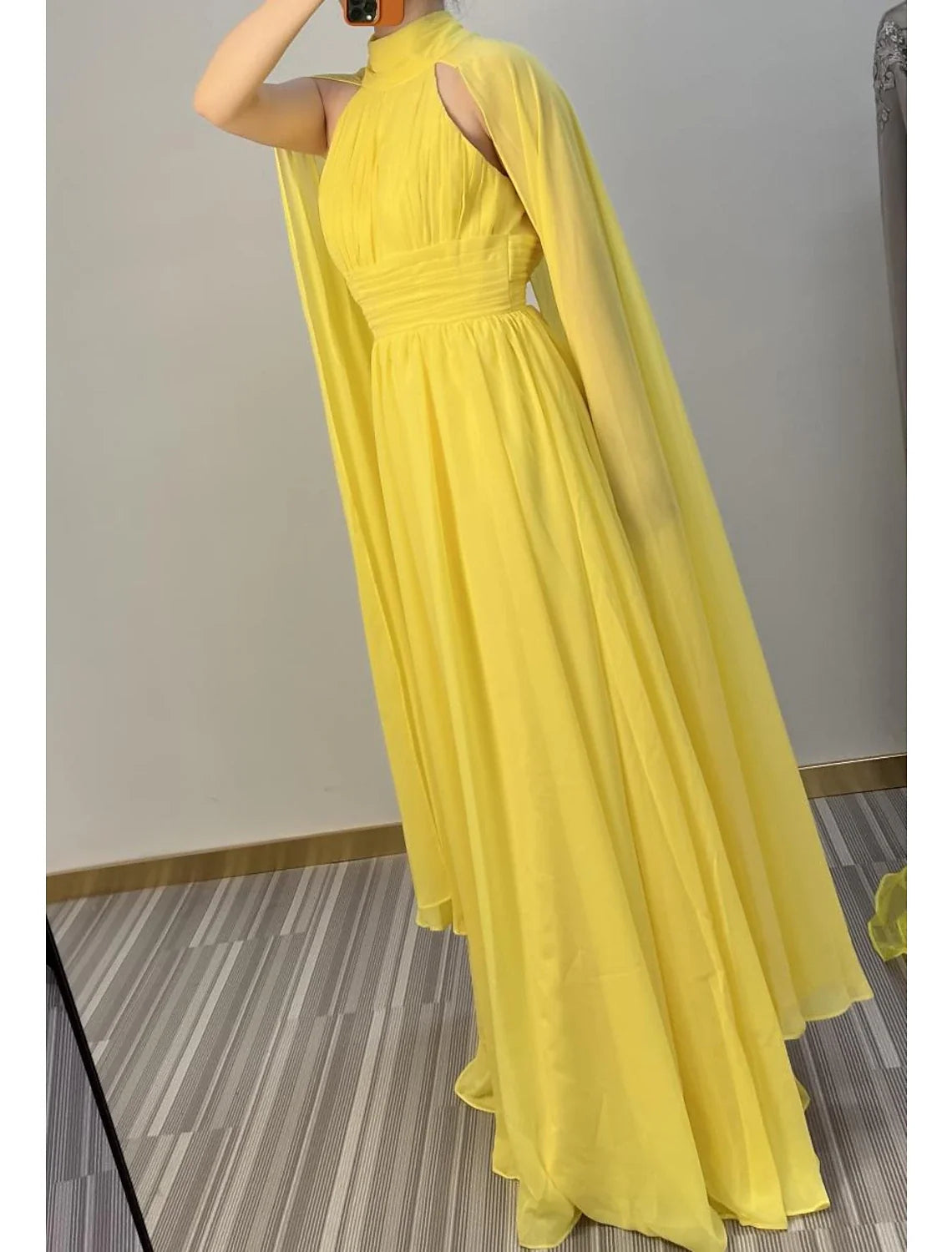 A-Line Evening Gown Elegant Dress Formal Wedding Guest Floor Length Sleeveless High Neck Capes Chiffon with Ruched