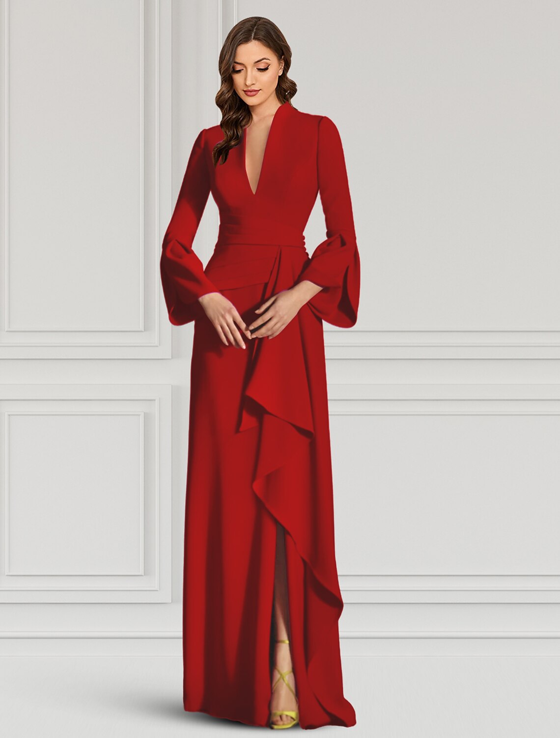 heath Evening Gown Elegant Black Dress Formal Cocktail Party Dress Floor Length Long Sleeve V Neck Fall Wedding Guest Fabric with Ruffles