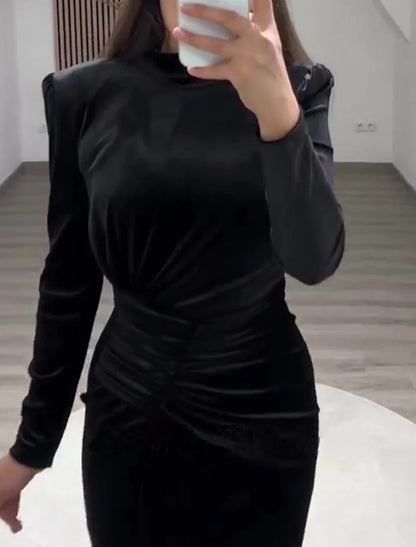 Sheath / Column Evening Gown Elegant Dress Formal Cocktail Party Floor Length Long Sleeve High Neck with Slit