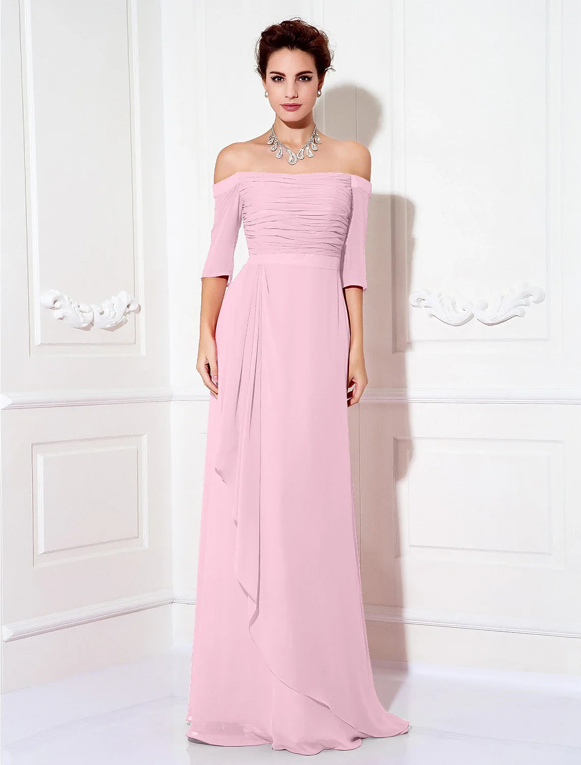 Sheath / Column Minimalist Dress Wedding Guest Formal Evening Sweep / Brush Train Half Sleeve Off Shoulder Bridesmaid Dress Chiffon with Ruched Draping 2025