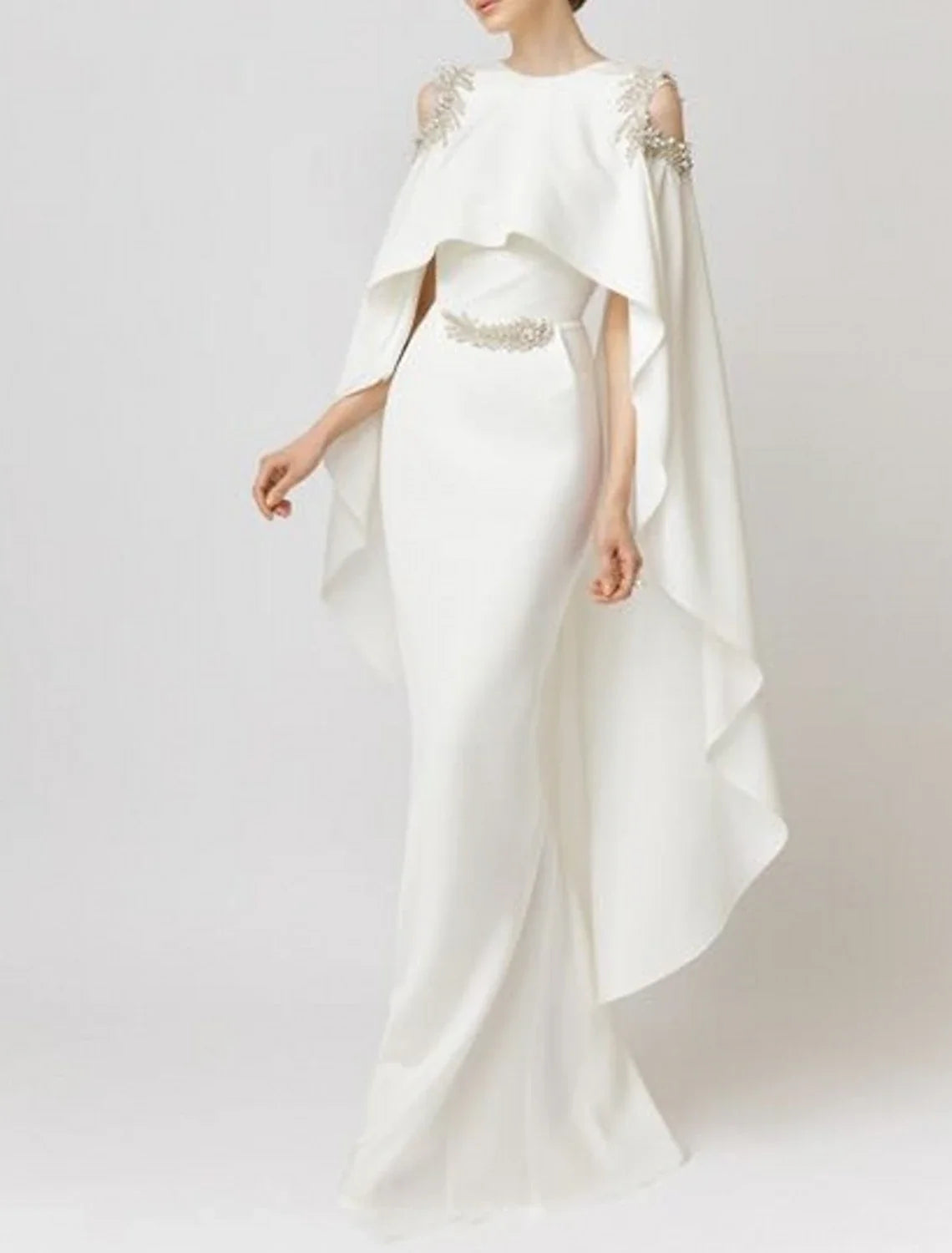 Mermaid / Trumpet Evening Gown Maxi Dress Formal Wedding Guest Floor Length Sleeveless Jewel Neck Capes Chiffon with Appliques