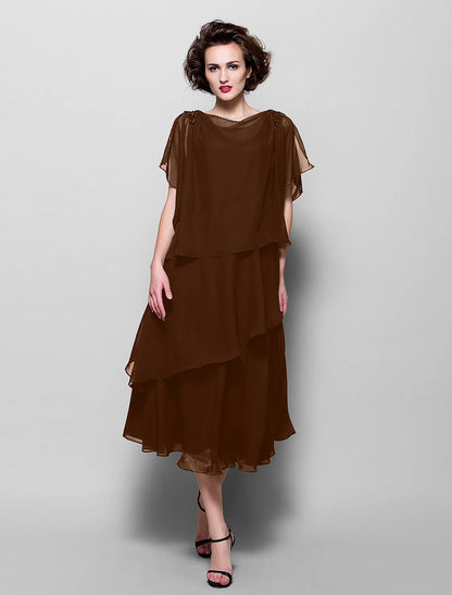 A-Line Mother of the Bride Dress Plus Size Elegant Cowl Neck Tea Length Chiffon Short Sleeve with Ruffles Crystal Brooch A-Line Mother of the Bride Dress Plus Size Elegant Cowl Neck Tea Length Chiffon Short Sleeve with Ruffles Crystal Brooch