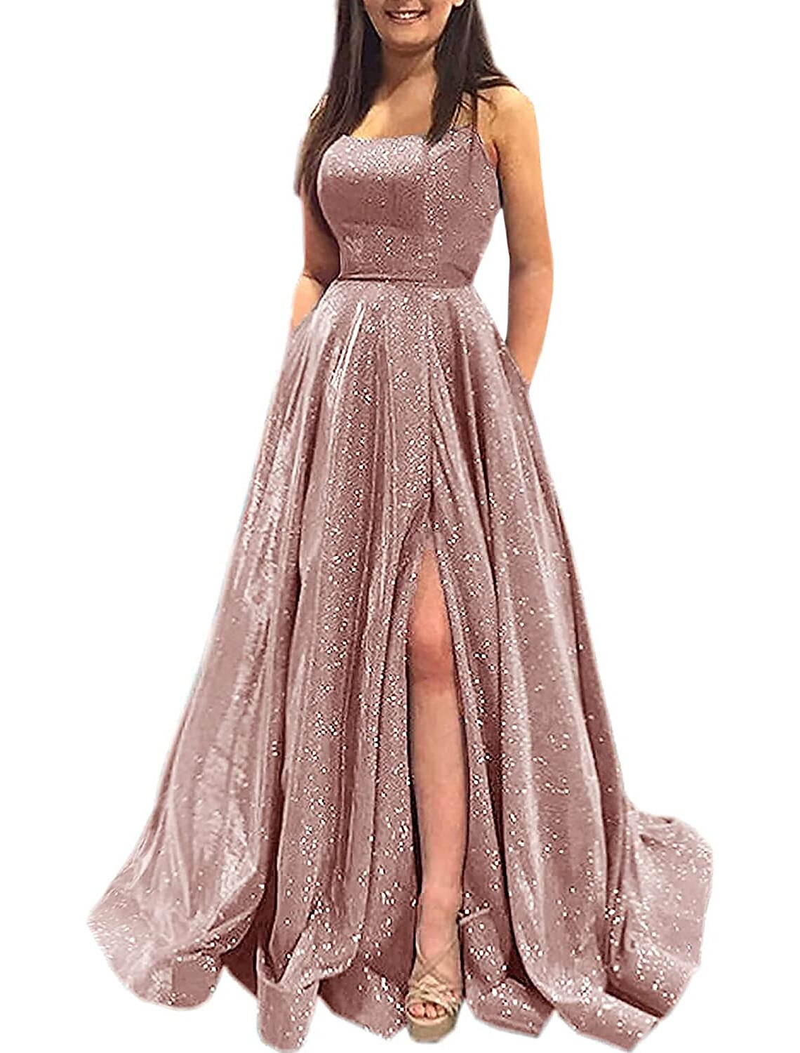 A-Line Prom Dresses Sparkle & Shine Dress Formal Prom Floor Length Sleeveless Strapless Pocket Satin Backless with Slit Pocket