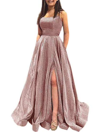 A-Line Prom Dresses Sparkle & Shine Dress Formal Prom Floor Length Sleeveless Strapless Pocket Satin Backless with Slit Pocket