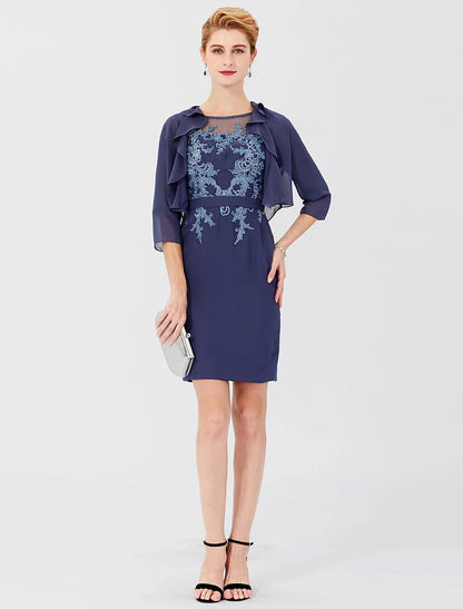 Sheath / Column Mother of the Bride Dress Formal Classic & Timeless Elegant & Luxurious Convertible Dress Illusion Neck Knee Length Chiffon 3/4 Length Sleeve yes with Sash / Ribbon