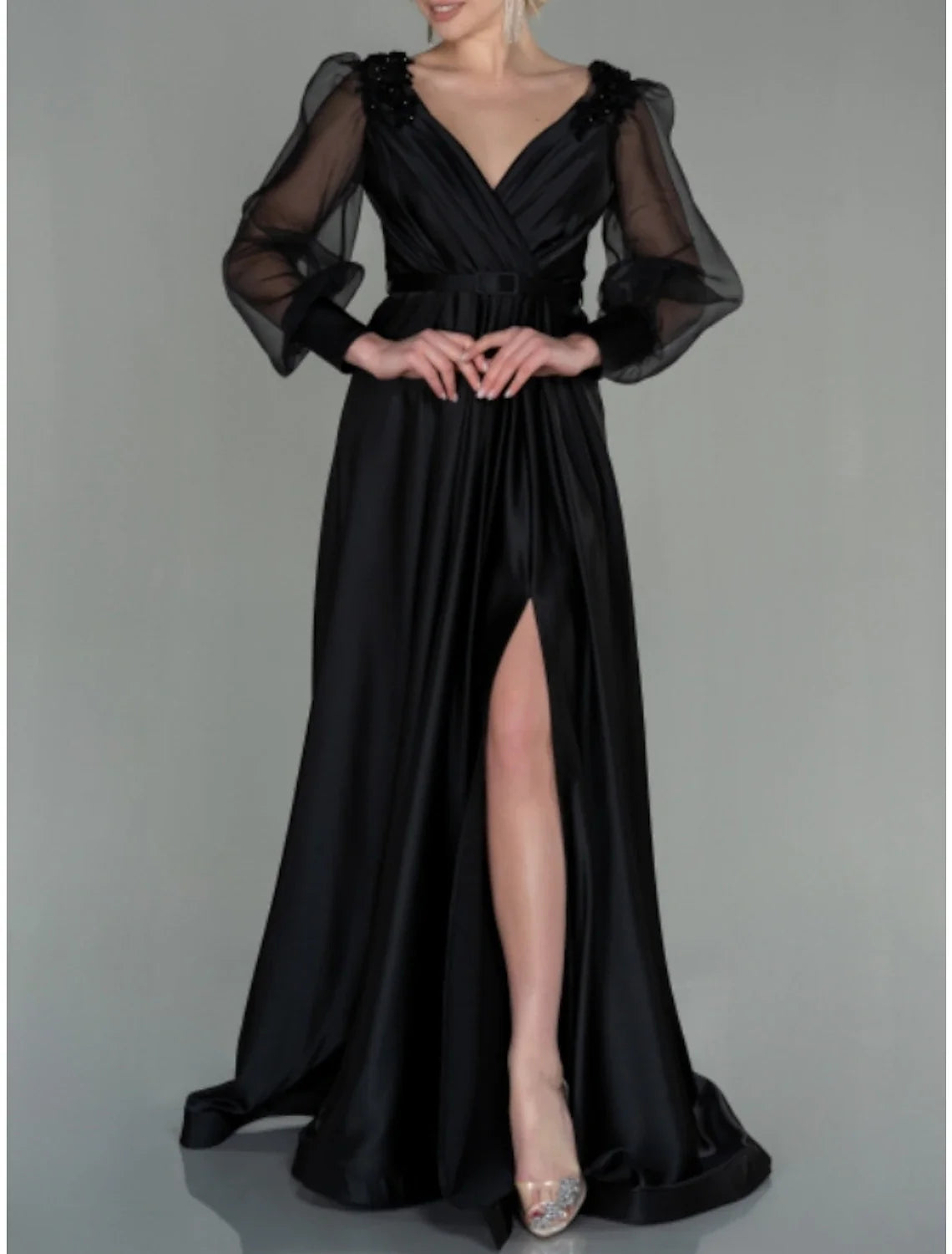 A-Line Evening Gown Elegant Dress Formal Fall Floor Length Long Sleeve V Neck Satin with Pleats Slit Shouder Flower 2026