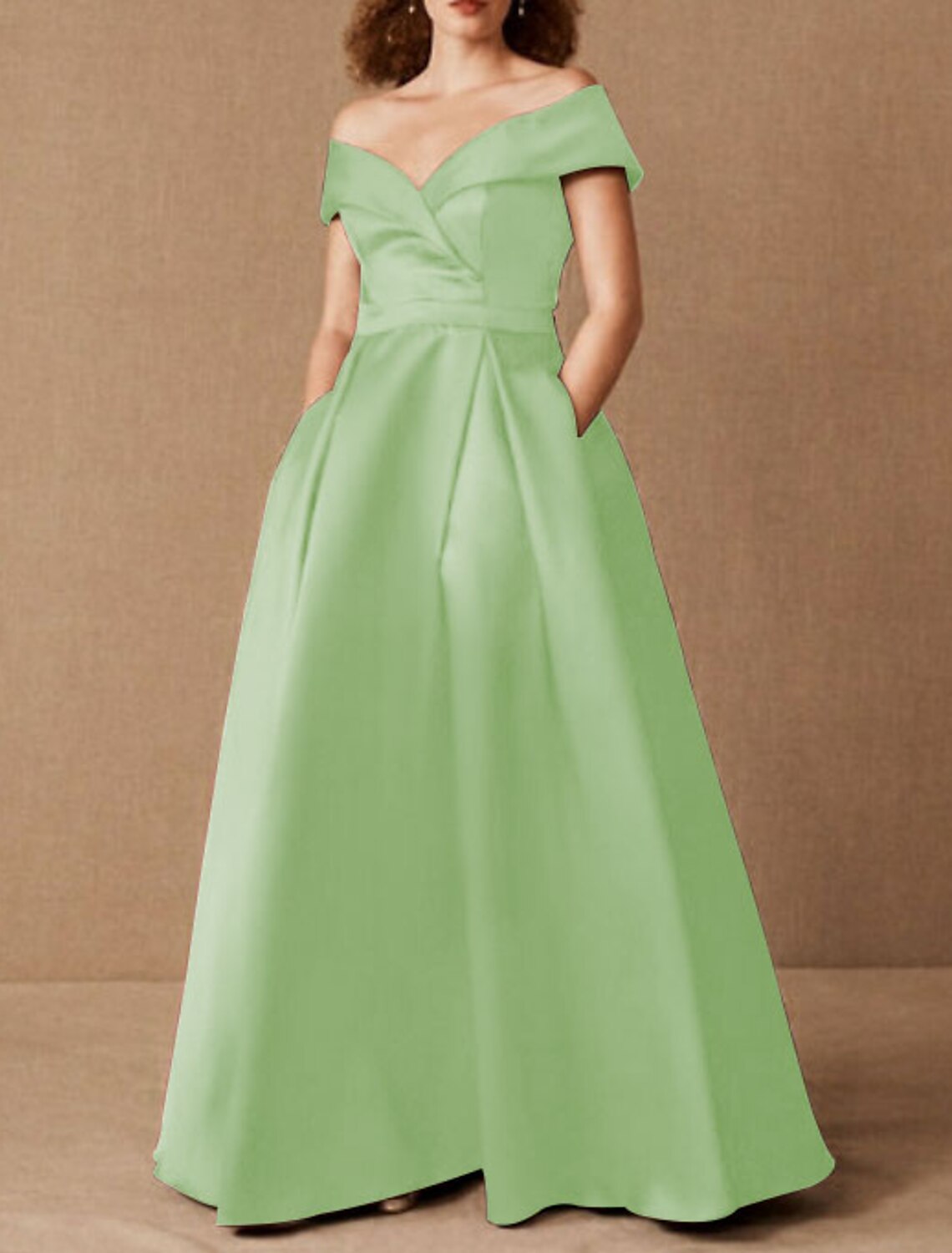 A-Line Plus Size Prom Formal Evening Dress Off Shoulder Short Sleeve Floor Length Satin with Pleats Ruched