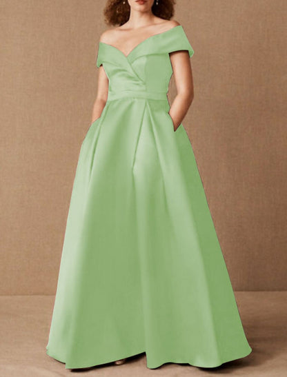 A-Line Plus Size Prom Formal Evening Dress Off Shoulder Short Sleeve Floor Length Satin with Pleats Ruched