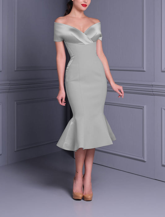 Mermaid / Trumpet Cocktail Dresses Elegant Dress Graduation Wedding Guest Tea Length Short Sleeve Off Shoulder Charmeuse with Sleek 2026