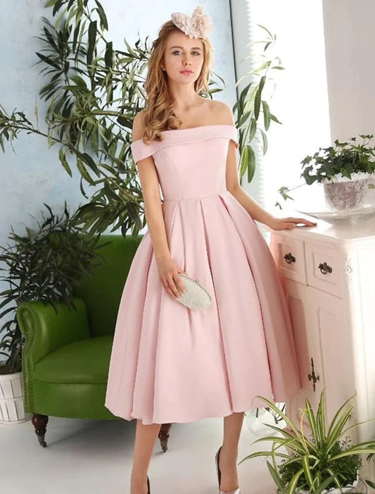 A-Line Cocktail Dresses Vintage Dress Engagement Cocktail Party Tea Length Sleeveless Off Shoulder Fabric with Pleats