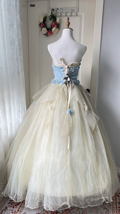 Dreamy Blue And Yellow Color-Blocked Strapless Tulle Ball Gown Evening Dresses Sweet 16Th Dresses