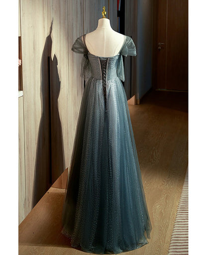 Unique Ink Blue Spotted Off Shoulder Short Sleeve Sequin Ball Dress Ink Blue A-line Off Back Tie Bow and Floor Length Prom Dress
