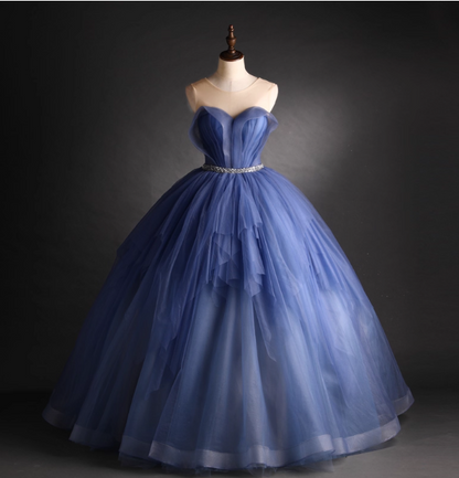 Dreamy Haze Blue Sweetheart Strapless Tulle Ball Gown Evening Dresses Sweet 16 Dresses