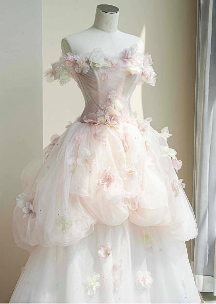 Dreamy Pink-White Off-The-Shoulder 3D Floral Tulle Long Ball Gown Evening Dresses Sweet 16 Dresses
