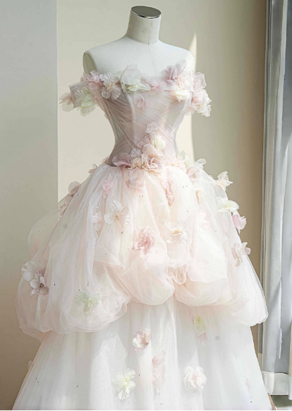 Dreamy Pink-White Off-The-Shoulder 3D Floral Tulle Long Ball Gown Evening Dresses Sweet 16 Dresses