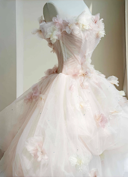 Dreamy Pink-White Off-The-Shoulder 3D Floral Tulle Long Ball Gown Evening Dresses Sweet 16 Dresses