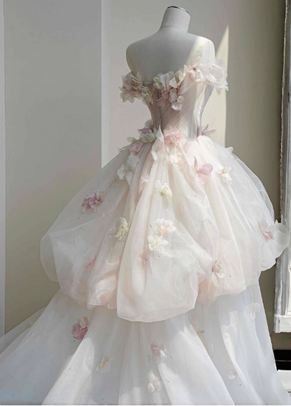 Dreamy Pink-White Off-The-Shoulder 3D Floral Tulle Long Ball Gown Evening Dresses Sweet 16 Dresses
