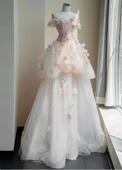 Dreamy Pink-White Off-The-Shoulder 3D Floral Tulle Long Ball Gown Evening Dresses Sweet 16 Dresses