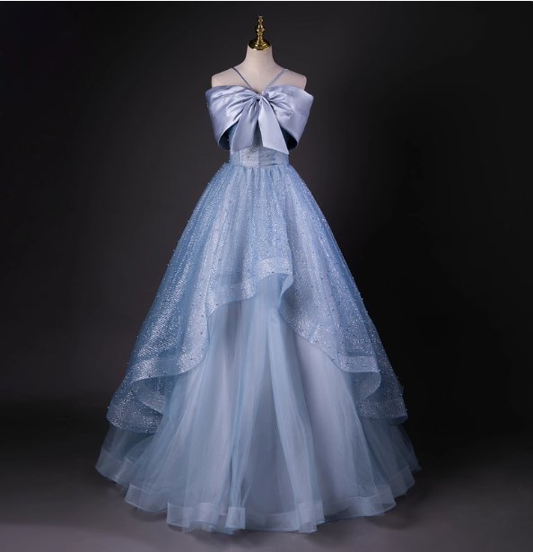 Dreamy Princess Blue Off-Shoulder Oversized Bow Tulle Long Ball Gown Evening Dresses Sweet 16 Dresses