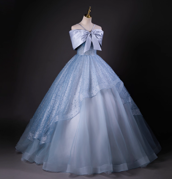 Dreamy Princess Blue Off-Shoulder Oversized Bow Tulle Long Ball Gown Evening Dresses Sweet 16 Dresses