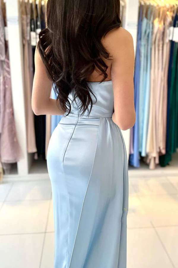 Tight satin pleated side slit long ball evening dress