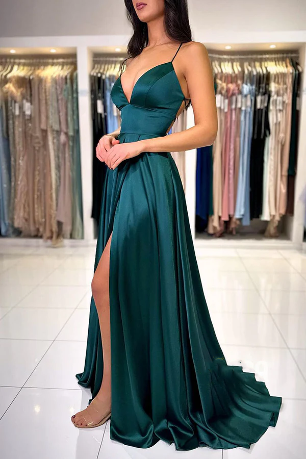 V-neck deep V-neck green blue satin slit evening dress