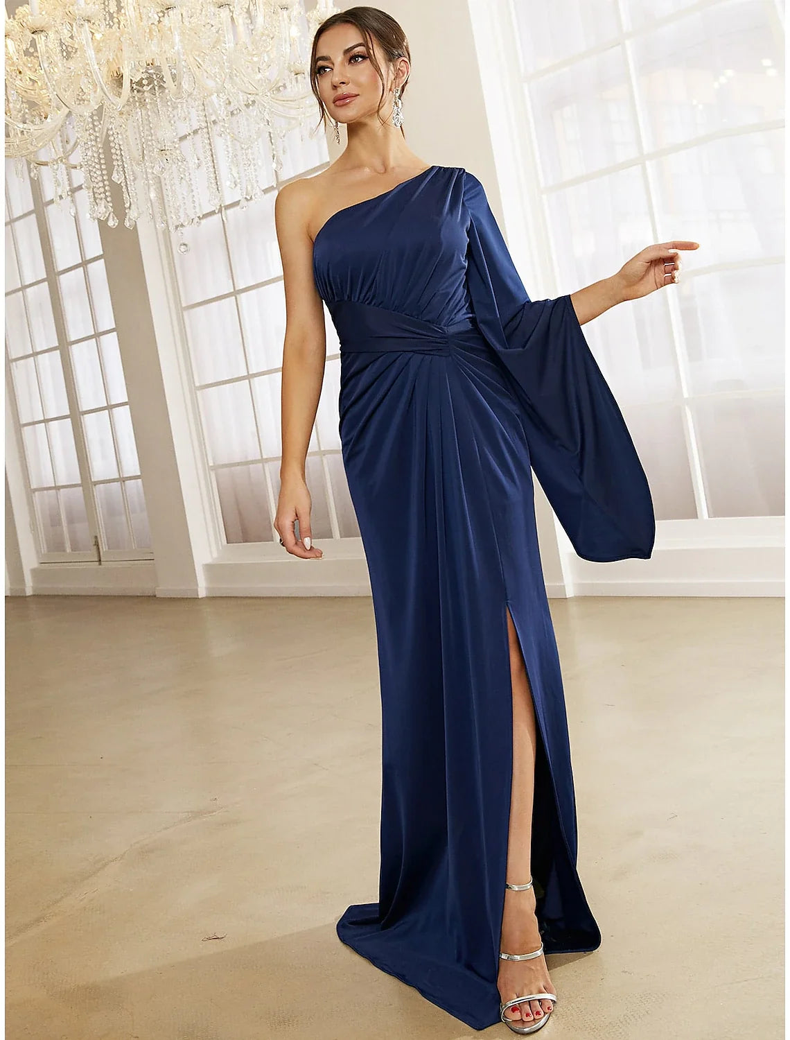 A-Line Evening Gown Elegant Dress Formal Fall Sweep / Brush Train Long Sleeve One Shoulder Fabric with Pleats Ruched Slit