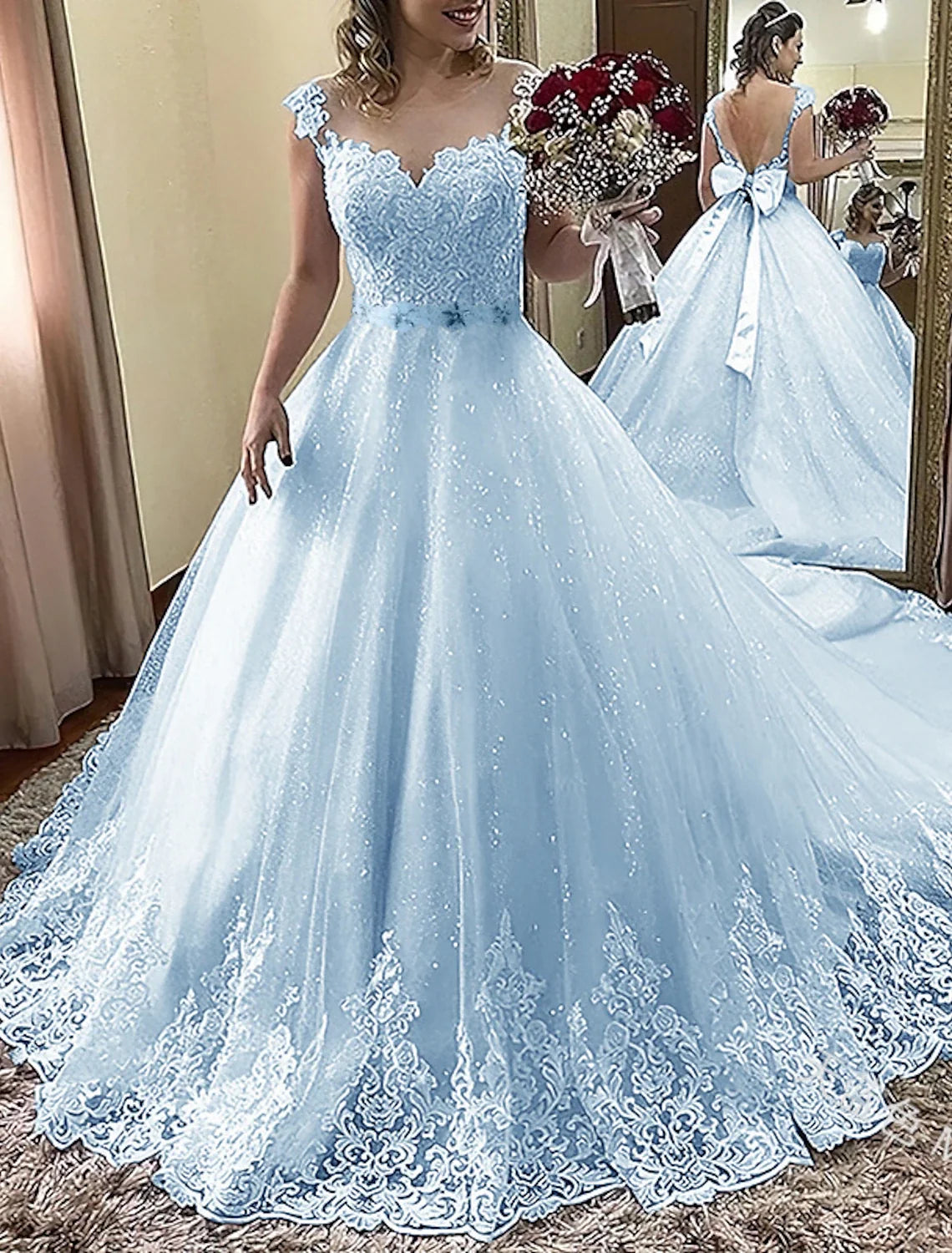 Engagement Formal Wedding Dresses Ball Gown Illusion Neck Cap Sleeve Court Train Lace Bridal Gowns With Bow(s) Appliques
