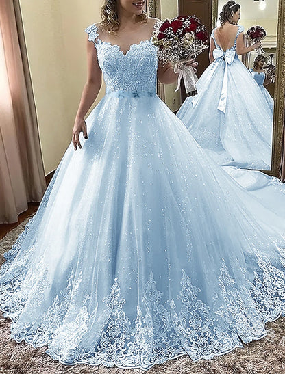 Engagement Formal Wedding Dresses Ball Gown Illusion Neck Cap Sleeve Court Train Lace Bridal Gowns With Bow(s) Appliques