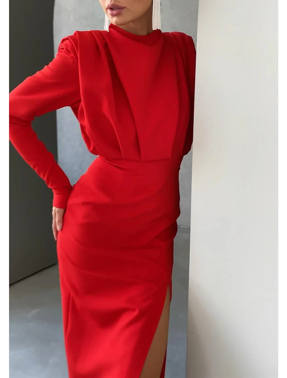 Sheath Evening Gown Elegant Dress Formal Red Green Dress Floor Length Long Sleeve High Neck Fabric with Ruched Slit