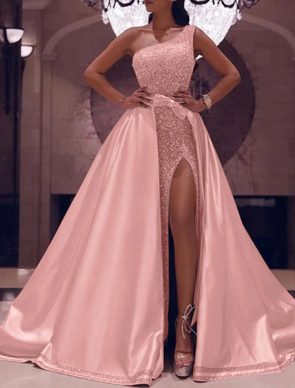 Ball Gown Prom Dresses Sparkle & Shine Dress Wedding Guest Evening Party Floor Length Sleeveless One Shoulder Detachable Satin with Bow(s) Sequin Slit