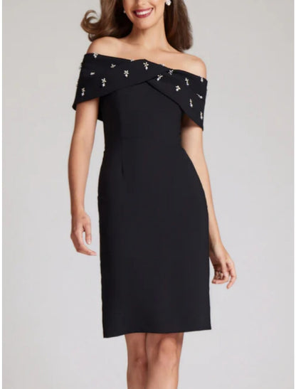Sheath / Column Wedding Guest Dresses Elegant Dress Homecoming Knee Length Black Dress Short Sleeve Off Shoulder Fabric with Crystals