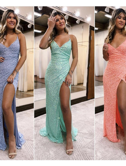 Mermaid / Trumpet Prom Dresses Sparkle & Shine Dress Formal Wedding Party Sweep / Brush Train Sleeveless V Neck Sequined Backless with Sequin Slit
