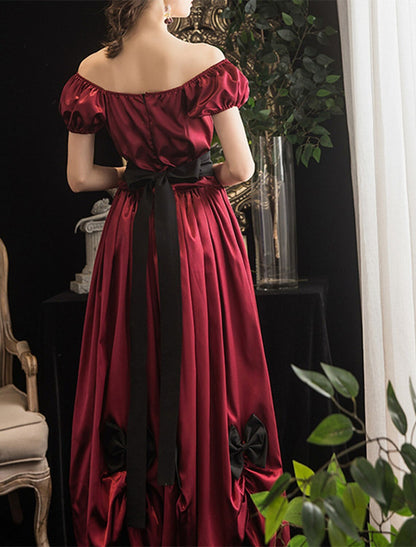 Ball Gown Party Dresses Vintage Dress Halloween Floor Length Short Sleeve Off Shoulder Polyester with Sash / Ribbon Bow(s) Pleats