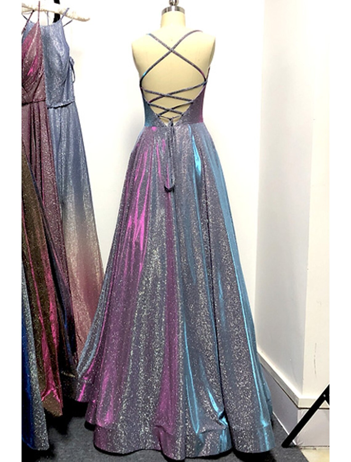 A-Line Prom Dresses Sparkle & Shine Dress Formal Prom Floor Length Sleeveless Strapless Pocket Satin Backless with Slit Pocket