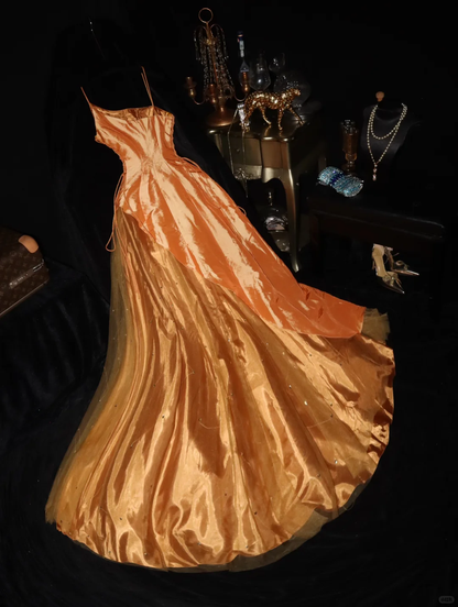 Glamorous Orange Satin A-Line Spaghetti Strap Evening Gown TP5352