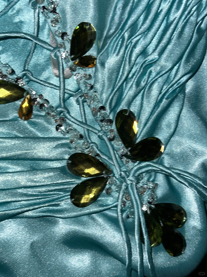 Elegant Turquoise Satin Halter Neck Rhinestone Beaded Evening Gown TP5368