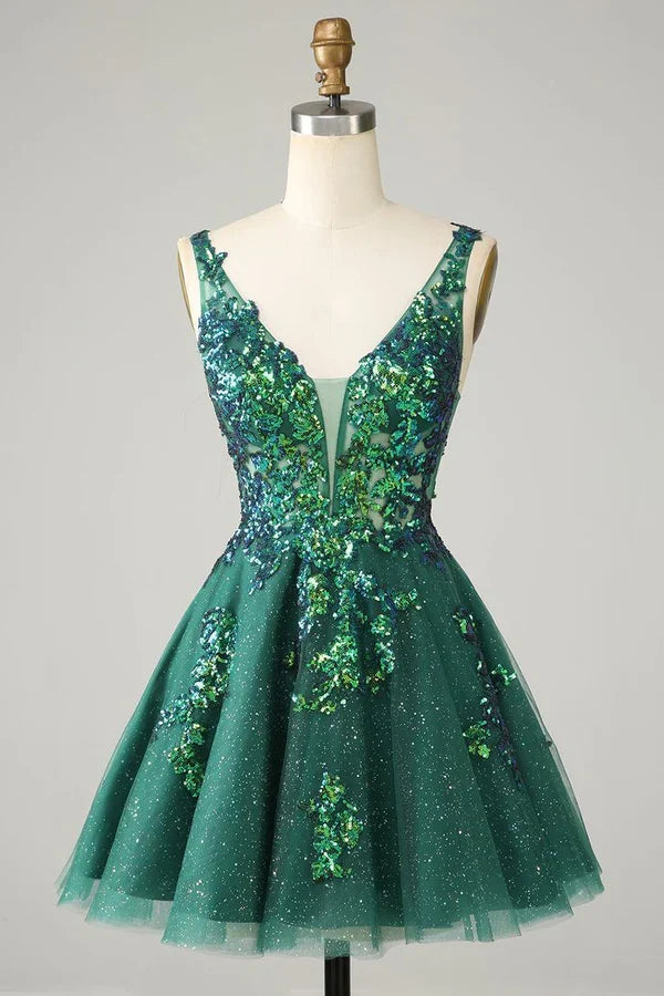 Gorgeous Green Sequined V-neck Backless Design A-line Short Homecoming Dress TP3595