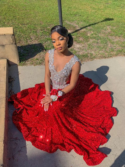 Long Sparkle Sequins Red Prom Dresses Formal Evening Gowns