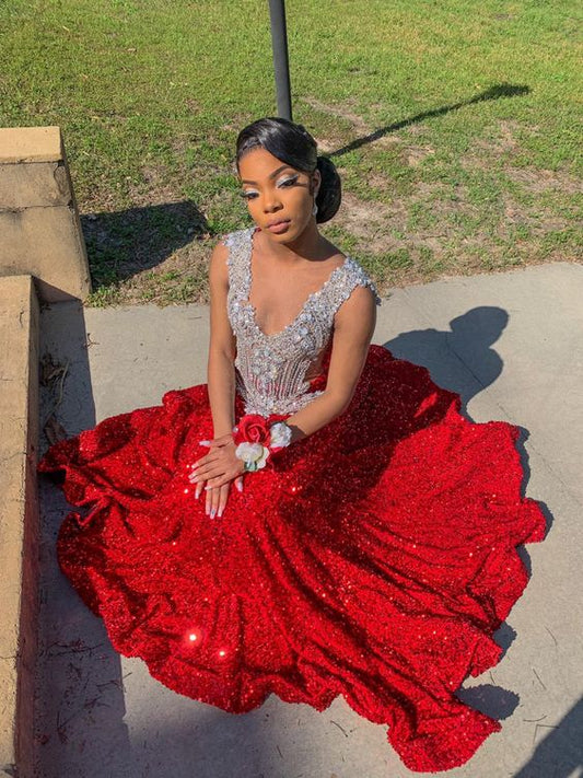Long Sparkle Sequins Red Prom Dresses Formal Evening Gowns