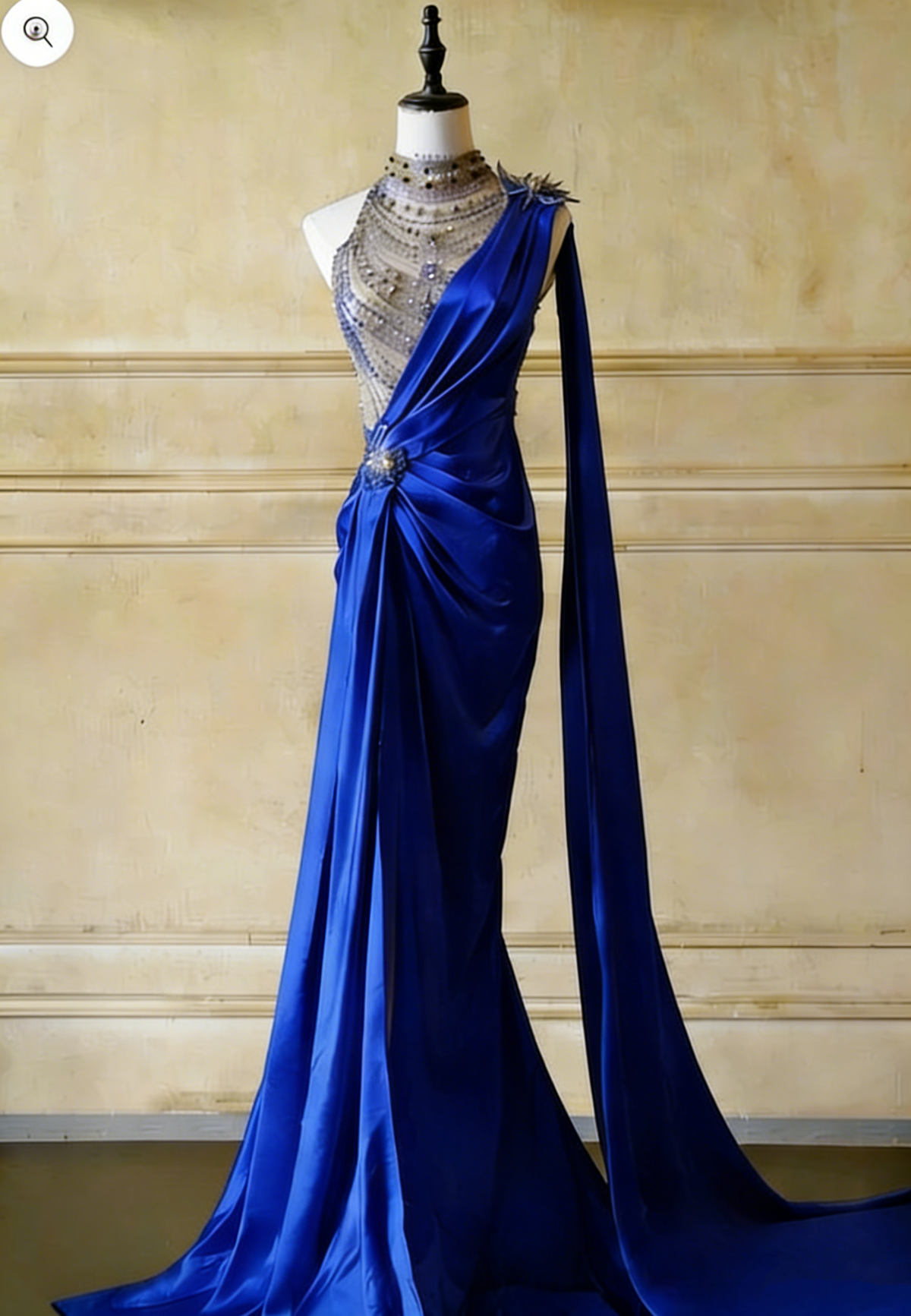 Vintage Champagne One-Shoulder Mermaid Satin Beaded Evening Gown TP5524