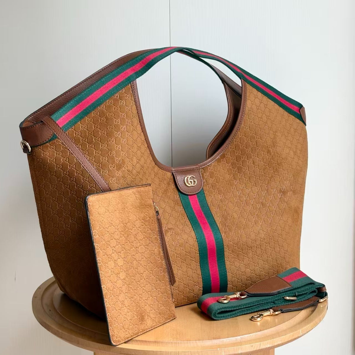 Gucci Giglio Large Tote Bag Gg Suede Brown 60Cm