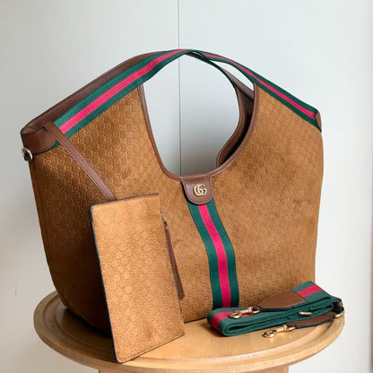 Gucci Giglio Large Tote Bag Gg Suede Brown 60Cm