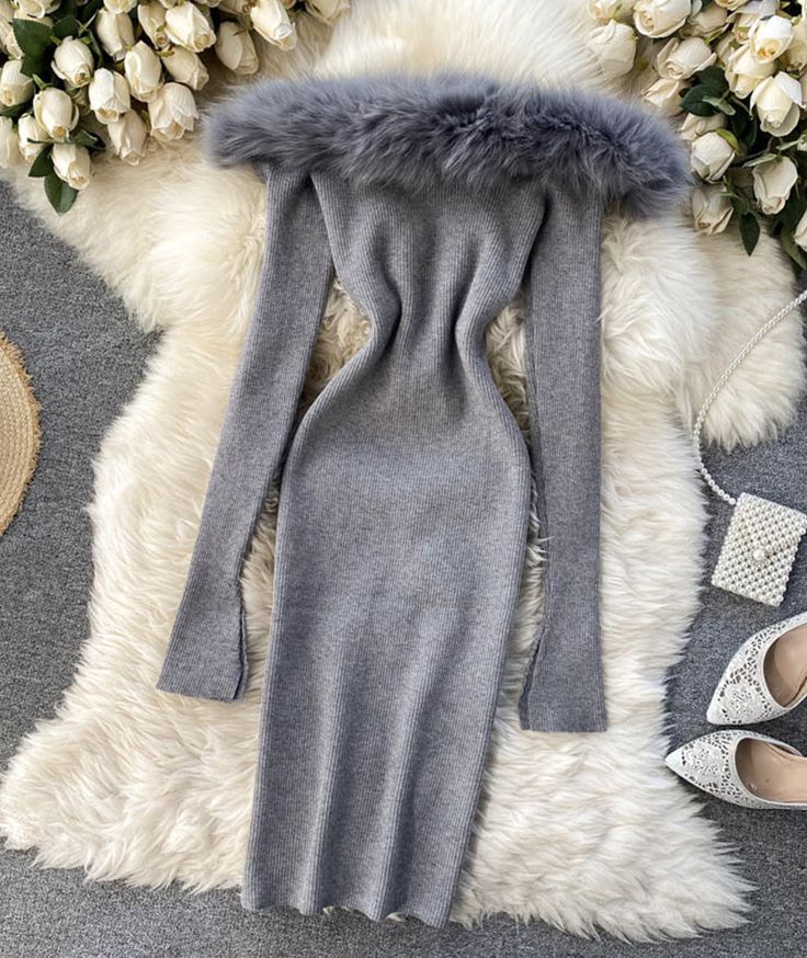 Black/white/gray autumn and winter fashion new sexy off-shoulder fashion fur collar slim hip knitted dress 11281